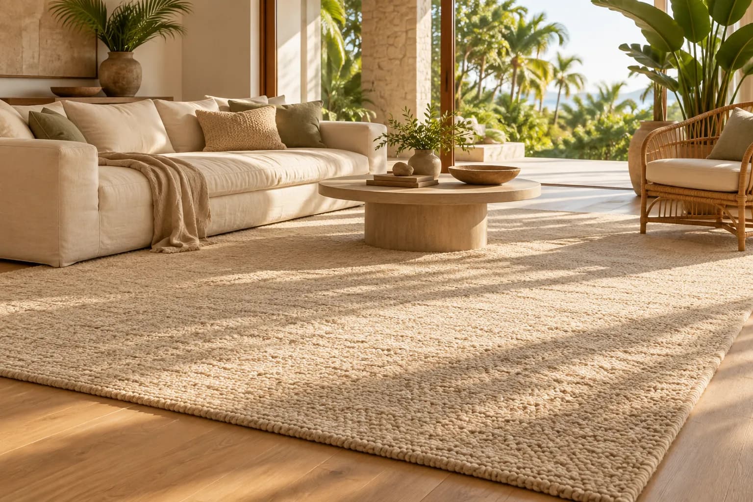 A sunlit living room with a cream sofa and a large chunky-woven oat rug, open to a tropical garden